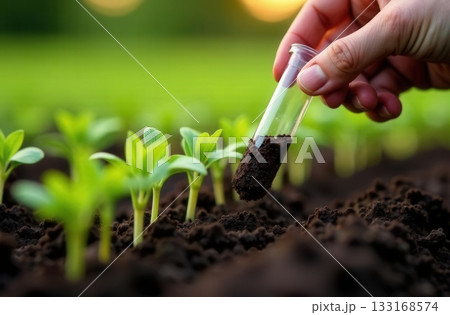 Close-up of a hand taking a soil sample into a transparent test tube among young green seedlings in a cultivated field. Perfect for agricultural studies sustainable farming and soil fertility projects Close-up of a hand taking a soil sample into a transparent test tube among young green seedlings in a cultivated field. Perfect for agricultural studies sustainable farming and soil fertility projects 133168574