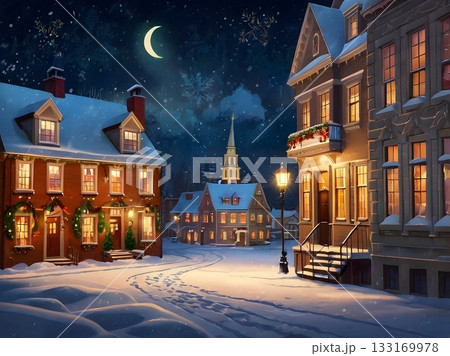 雪に包まれたクリスマスの夜の街並み 133169978