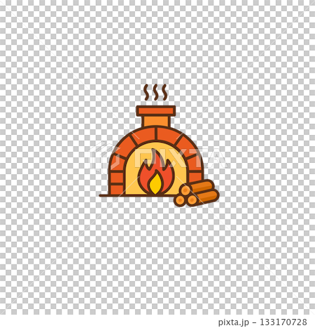 Outdoor icon depicting a stone oven with firewood and a warm flame, no background 133170728