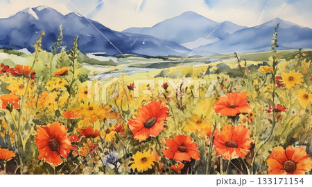 Watercolor summer landscape with red flowers and mountain view 133171154