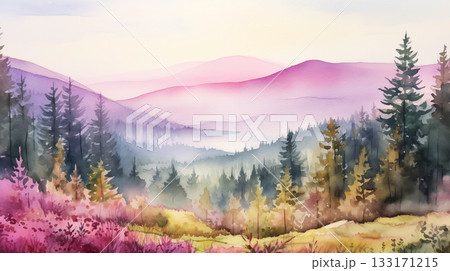 Watercolor mountains and forest landscape with fog 133171215