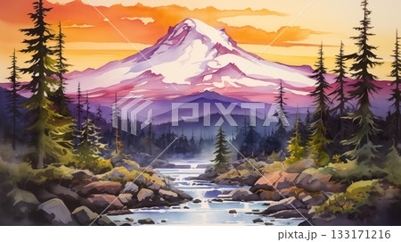 Watercolor mountains and forest landscape at sunset Watercolor mountains and forest landscape at sunset 133171216