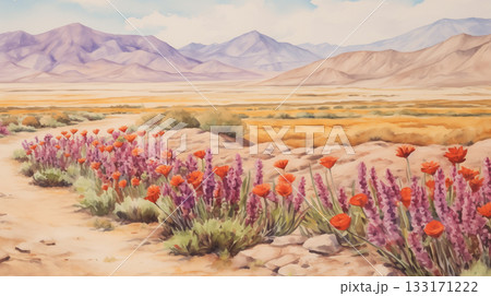 Watercolor mountain landscape with wildflowers, warm tones 133171222