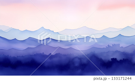 Watercolor blue mountain range at sunset 133171244