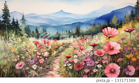 Watercolor mountain meadow and forest landscape 133171389