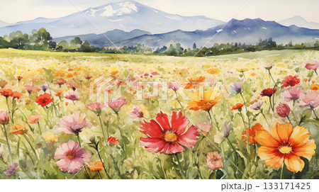 Watercolor mountain wildflower meadow landscape Watercolor mountain wildflower meadow landscape 133171425