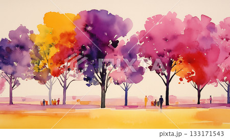 Minimalist watercolor painting of a vibrant landscape with colorful trees 133171543