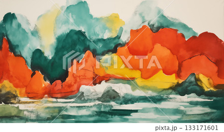 Watercolor abstract landscape with red, yellow, and green hills Watercolor abstract landscape with red, yellow, and green hills 133171601