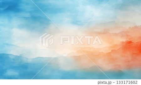 Minimalist watercolor painting depicts a serene mountain landscape 133171602