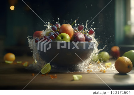 fresh fruit splashing in a bowl with cinematic light, neural network generated image fresh fruit splashing in a bowl with cinematic light, neural network generated image 133171604