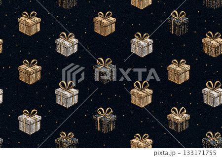Festive celebrations. Black background. Seamless pattern. Bright gift boxes. Hand drawn. Minimalist style. Festive celebrations. Black background. Seamless pattern. Bright gift boxes. Hand drawn. Minimalist style. 133171755