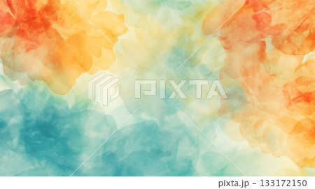Abstract watercolor background with soft, blended colors of orange, yellow, and teal, creating a dreamy and ethereal feel 133172150