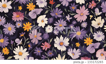 Watercolor painting floral pattern with various colors of flowers on a dark background 133172265