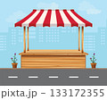 Wooden market stall in the front style is located along the road amidst the vast capital city. 133172355