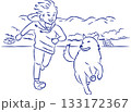 少年と犬が楽しそうに走っている線画イラスト 133172367