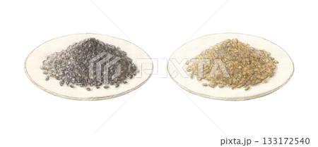 皿に盛った白ゴマと黒ゴマ　水彩色鉛筆イラスト 133172540