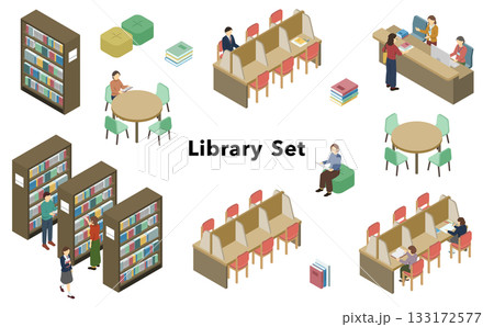 アイソメトリックイラスト：図書館セット 133172577