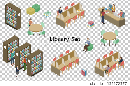 アイソメトリックイラスト：図書館セット 133172577