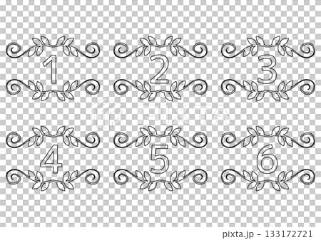 精美裝飾邊框數字 - 一組線條畫數字(1-6),飾以樹葉和漩渦圖案 精美裝飾邊框數字 - 一組線條畫數字(1-6),飾以樹葉和漩渦圖案 133172721