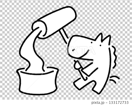 Cute horse pounding rice cakes with a mortar and pestle. New Year's material. Hand-drawn. Monochrome. Cute horse pounding rice cakes with a mortar and pestle. New Year's material. Hand-drawn. Monochrome. 133172733