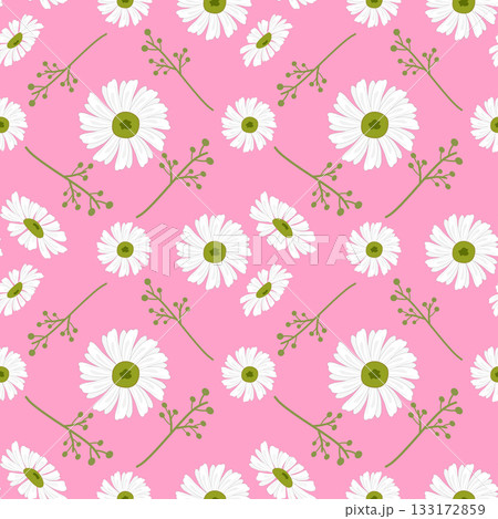 Daisy and Berry Twigs Seamless Pattern, White Chamomile Flowers on Vibrant Pink Background 133172859