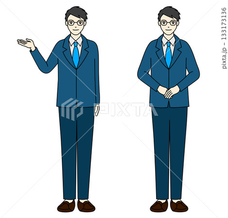 笑顔でお辞儀と案内のポーズをするスーツ姿のビジネスマンの全身イラスト 133173136