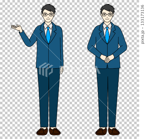 笑顔でお辞儀と案内のポーズをするスーツ姿のビジネスマンの全身イラスト 133173136