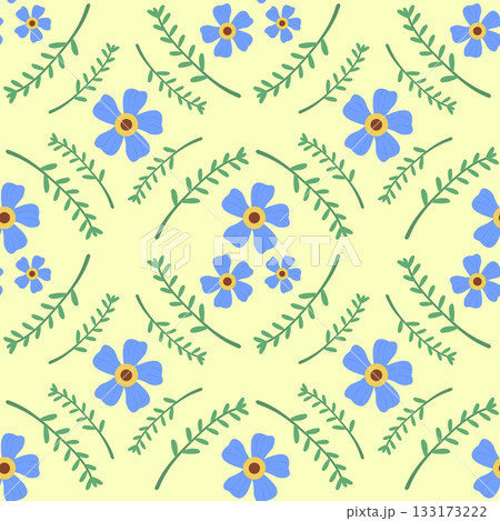Cute Blue Flowers and green Leaves Seamless Pattern 133173222