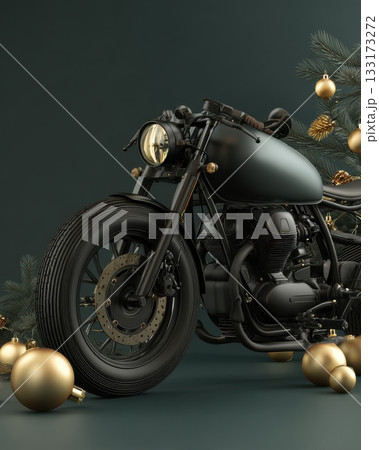 A matte black motorcycle stands beside festive Christmas ornaments and pine branches 133173272