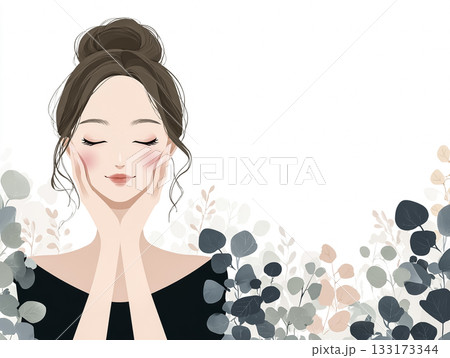 美優シリーズ：植物の香りに包まれながらフェイスマッサージをする女性 133173344