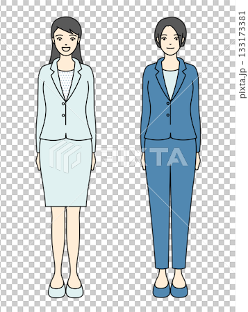 笑顔で立つスカートスーツとパンツスーツのビジネスウーマンの全身イラスト 133173381