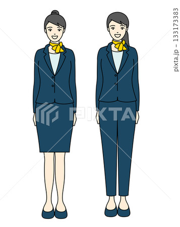 スカーフを巻いたスカートとパンツスーツ姿の受付や客室乗務員の全身イラスト スカーフを巻いたスカートとパンツスーツ姿の受付や客室乗務員の全身イラスト 133173383
