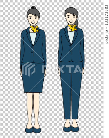 スカーフを巻いたスカートとパンツスーツ姿の受付や客室乗務員の全身イラスト スカーフを巻いたスカートとパンツスーツ姿の受付や客室乗務員の全身イラスト 133173383