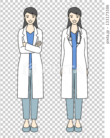 一位身穿白大褂、雙臂交叉、脖子上掛著聽診器的女醫師全身像。 133173386