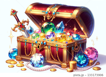 豪華な宝箱にあふれるカラフルな宝石と短剣イラスト 133173906