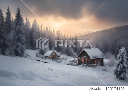 snow covered mountain village at winter sunrise, neural network generated image 133174193