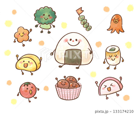 食育に使えるお弁当のおかずのかわいいキャラクターイラストセット 133174210