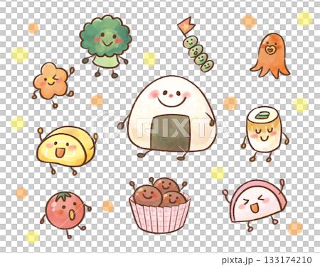 A cute character illustration set of bento side dishes that can be used for food education A cute character illustration set of bento side dishes that can be used for food education 133174210