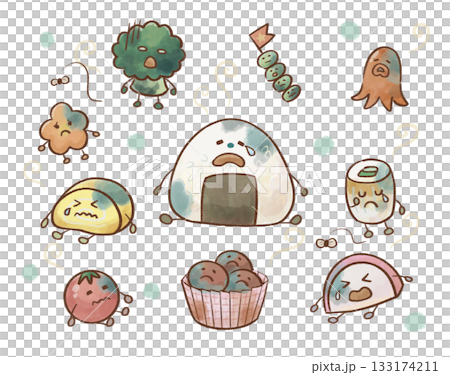 A cute character illustration set of damaged bento side dishes that can be used for food education A cute character illustration set of damaged bento side dishes that can be used for food education 133174211