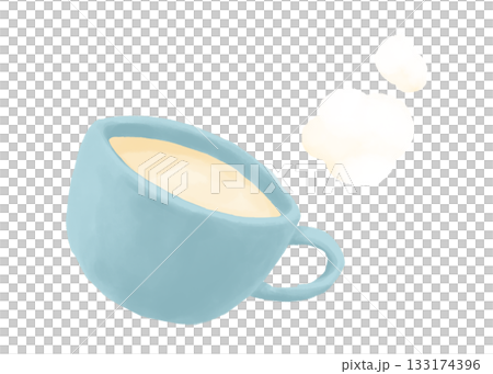 Watercolor painting of a light blue mug of hot milk and steam Watercolor painting of a light blue mug of hot milk and steam 133174396