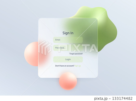 Modern glass morphism style entrance form with soft green and peach 3D shapes on pastel background Modern glass morphism style entrance form with soft green and peach 3D shapes on pastel background 133174482