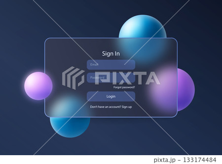 Dark glassmorphism style login form with glowing blue and purple spheres, modern tech mockup for app or website 133174484