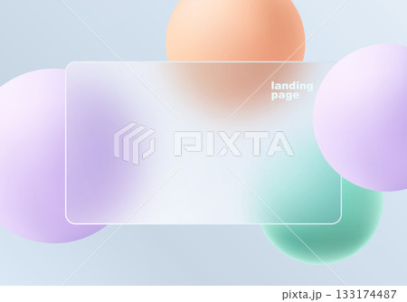 Light pastel glassmorphism layout with soft colorful spheres and a centered frosted glass panel designed for landing page use 133174487