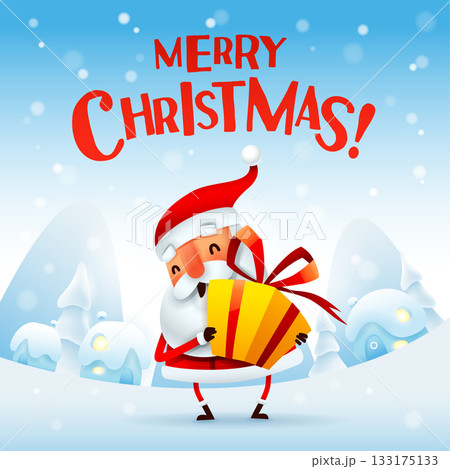 Santa with Christmas gift box on hand on snow scene 133175133