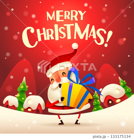 Santa with Christmas gift box on hand on snow scene 133175134