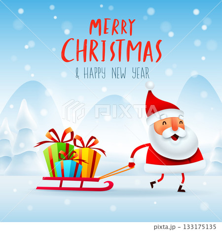 Santa pulling a sled with Christmas gift on snow scene Santa pulling a sled with Christmas gift on snow scene 133175135