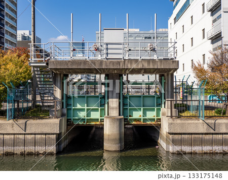 大島川西支川から見た「中の堀川樋門」（東京都江東区） 133175148