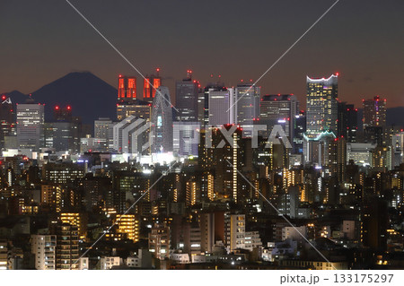 冬晴れ：夕日の新宿高層ビル群と富士山 133175297