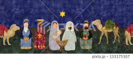 Baby Jesus, Mary, Joseph, three wise men, and camels under the star of Bethlehem. Watercolor nativity scene on dark. Christian Christmas illustration perfect for cards, posters, books, church design. 133175307