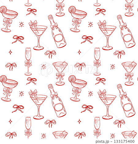 Seamless cocktail pattern with champagne and coquette bows Seamless cocktail pattern with champagne and coquette bows 133175400